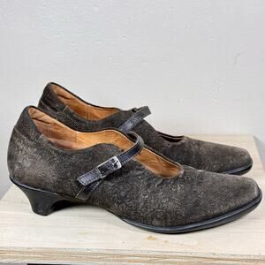 Think! Women’s Leather Suede Mary Jane Kitten Heels 7.5 38 Floral Tooled Leather